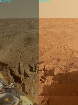 Vastitas' Horizon (color composite - Sx credits: Lunexit; Dx credits: NASA)
Caption NASA:"This mosaic of images from the Surface Stereo Imager camera on NASA's Phoenix Mars Lander shows several trenches dug by Phoenix, plus a corner of the Spacecraft's Deck and the Martian Arctic Plain stretching to the horizon. 
The footpad at the bottom center is about 1 meter (3 feet) below the Spacecraft Deck seen at the lower left. Overlaid images show trenches dug to either nearly pure water ice or ice-cemented soil. 
Analyses of samples taken from these trenches give clues to the history of the Region. 

This Approximately True Color view combines images taken on several dates during the five months Phoenix studied its surroundings after landing on May 25, 2008".

Nota Lunexit: come questo frame mostra e dimostra chiaramente, dall'Equatore alle Pianure Artiche, Marte - secondo la NASA - NON SOLO E' MONOCRMATICO, MA HA SEMPRE LO STESSO colore! 

Una posizione, questa, tanto estrema ed indifendibile - avendo Natura, Logica ed Esperienza alla mano - quanto, incredibile dictu, quietamente ed acriticamente accettata dal Gotha degli Scienziati più quotati del Mondo in tema di Scienze Planetarie. E questa situazione, a nostro umile avviso, è assolutamente assurda ed incommentabile.
Parole chiave: Martian Horizon - Vastitas Borealis