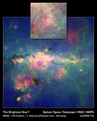 The brightest Stars of the (known) Universe
If our galaxy, the Milky Way, were to host its own version of the Olympics, the title for the brightest known star would go to a massive star called Eta Carinae. However, a new runner-up — now the second-brightest star in our galaxy — has been discovered in the galaxy's dusty and frenzied interior. This image from NASA's Spitzer Space Telescope shows the new silver medalist, circled in the inset above, in the central region of our Milky Way. 

Dubbed the 'Peony Nebula' star, this blazing ball of gas shines with the equivalent light of 3,2 million Suns. The reigning champ, Eta Carinae, produces the equivalent of 4,7 million Suns worth of light — though astronomers say these estimates are uncertain, and it's possible that the Peony Nebula star could be even brighter than Eta Carinae. 

If the Peony Star is so bright, why doesn't it stand out more in this view? The answer is dust. This star is located in a very dusty region jam packed with stars. In fact, there could be other super bright stars still hidden deep in the stellar crowd. Spitzer's infrared eyes allowed it to pierce the dust and assess the Peony Nebula star's true brightness. 
Likewise, infrared data from the European Southern Observatory's New Technology Telescope in Chile were integral in calculating the Peony Nebula star's luminosity. 

The Peony Nebula, which surrounds the Peony nebular star, is the reddish cloud of dust in and around the white circle. 

This is a three-color composite showing infrared observations from two Spitzer instruments. Blue represents 3.6-micron light and green shows light of 8 microns, both captured by Spitzer's infrared array camera. Red is 24-micron light detected by Spitzer's multiband imaging photometer.
Parole chiave: From Space Images - Spitzer Space Telescope Images