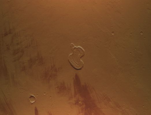 Unusually-shaped Landform in Tharsis (MULTISPECTRUM; credits: Lunexit)
This picture of a Landform (...) was acquired nearly two months ago by the CTX on 23 December 2007. 
The Landform is about 1 Km (0,62 miles) across. The feature is located among lava flows South-East of the giant Tharsis volcano, Ascraeus Mons. 

This picture is a sub-frame of CTX image P14_006600_1881_XI_08N102W_071223 and is located near 8,3° North Lat. and 101,9° West Long.
Parole chiave: Mars from orbit - Unusually shaped Landform