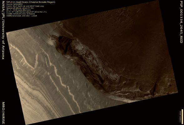 North Polar Layered Deposits in Head Scarp of Chasma Boreale (CTX Frame - Natural Colors; credits: Lunexit)
nessun commento
Parole chiave: Mars from orbit - North Polar Regions - NPLD