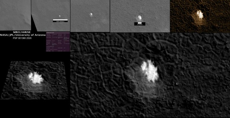 NOT a "Lake"! (photomosaic; credits: Dr M. Faccin)
E così come fatto a proposito della pseudo-città di Arabia Terra, ecco arrivare una doverosa "bacchettata" per Lunar Explorer Italia: uno dei - da noi erroneamente presunti - tanti laghetti esistenti nelle Grandi Pianure Nordiche di Marte (la Regione è, come sapete, Vastitas Borealis) non è affatto un laghetto, bensì un semplice avvallamento del terreno il quale appare abbondantemente (sia pure solo parzialmente) ricoperto da uno strato relativamente spesso di ghiaccio d'acqua (sia l'albedo, sia il colore del dettaglio ci suggeriscono l'idea del ghiaccio d'acqua).

Il rilievo supercficiale che in una foto MRO bellissima - ma a BASSA RISOLUZIONE - ci appariva come un vero e proprio laghetto non è quindi altro che una anonima depressione del suolo a forma vagamente pentagonale e di dimensioni valutabili intorno ai 20 metri, all'interno della quale - riteniamo sul versante più riparato - si è dapprima accumulata e poi definitivamente congelata una certa quantità di neve. 

Resta curioso il fatto che la NASA non abbia notato questa peculiarità della Superficie e non vi abbia speso neppure una riga di commento.

Morale: PER FARSI DELLE IDEE SENSATE E VEROSIMILI SU QUELLO CHE REALMENTE SI TROVA SULLA SUPERFICIE DI MARTE, OCCORRE ESAMINARE I FRAMES ORBITALI IN FORMATO JP2000!
Parole chiave: Mars from orbit - Vastitas Borealis Region