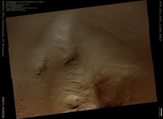 Lobate Debris Apron in Tempe Terra/Mareotis Fossae (Natural Colors; credits: Lunexit)
This image shows a portion of a large Lobate Debris Apron along the bottom of a hill in the Tempe Terra/Mareotis Fossae Region of Mars.

Debris Aprons were first discovered in Regions of "Fretted Terrain" from analyses of images sent back by the Viking Orbiter Spacecrafts in the 1970s. Features in areas of Fretted Terrain appear "softened" as if some geologic process(es) had smoothed and rounded features that normally would be sharply defined, such the crest of a narrow, steep ridge.

Scientists inferred that the processes causing this degradation must have involved the incorporation and creep of ice in the surface materials. If so, these mixtures of ice and debris could have flowed away from topographically high areas leaving features much less sharply-defined.
The flow behavior described here is similar to slow-moving glacial or permafrost features on Earth. The Debris Apron in this image also has several subtle "ridge" features on its surface from low Sun illumination. The Ridges are roughly parallel to the base of the hill and their shapes mimic one another along their lengths.

Similar Ridges are seen on other Debris Aprons in this Region where the Aprons are located directly below large piles of debris accumulating along the bottom of hillslopes. These observations have led to the hypothesis that Ridges on Debris Aprons are accumulated piles of debris from a period of abnormally high erosion. If this was indeed the case, each Ridge may indicate a change in the climate or local environment that would have implications for our overall understanding of the Martian Climate.
Parole chiave: Mars from orbit - Tempe Terra and Mareotis Fossae Region