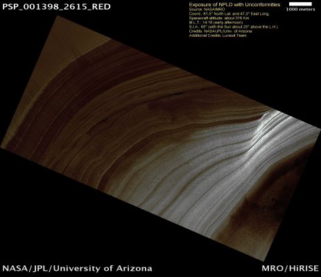 Exposure of NPLD with "Unconformities" (Natural - but enhanced - Colors; credits: Dr Paolo C. Fienga - Lunexit Team)
This image shows a portion of the North Polar Layered Deposits (NPLD). The NPLD are layers that have been deposited over an extensive area at both Poles, possibly throughout Martian History. They likely contain ice-rich and dust-rich layers, with the darker layers being probably more dust-rich than the bright layers.
The NPLD holds clues to past climate regimes similar to ice cores on Earth. Several of the layers occur in fairly regular sequences, as seen in this image, suggesting that Mars underwent cyclic climate changes in the past.
Towards the top left side of the image, there is a series of layers that appears truncated at an angle, forming what geologists call "Angular Uncomformity". They typically form by first laying down a series of continuous beds. Then erosion cuts through the beds at an angle. Aferwards, a new set of beds are laid over this partially eroded sequence. A similar Unconformity exists at the bottom right of the image.
Parole chiave: Mars from orbit - North Polar Regions - NPLD