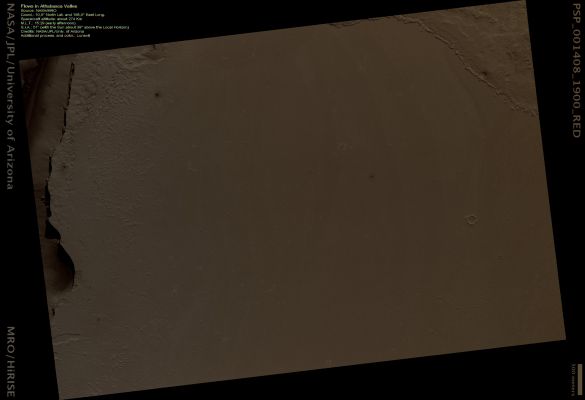 Flows in Athabasca Valles (Natural Colors; credits: Lunexit)
Thin Flows cover the Plains just North of the Source Region for the Athabasca Valles Channel System. The Flows are mostly confined by a Scarp (Cliff) that can be seen in the North-Western corner of the image.

The more heavily Cratered Terrain above the Scarp is part of a tectonic ridge known as a "Wrinkle Ridge". A few Flows can be seen atop the Wrinkle Ridge, but they are not as ubiquitous as those on the Plains below. The Flows on the Plains frequently intersect, with younger ones cutting across older ones. 
The prominent dark swathes along their edges have particularly rough textures. 
The darker shade is due to thousands of shadows cast by small bumps on the Surface, which HiRISE is able to resolve. 
Dozens of bright, narrow Rifts (Cracks) zigzag across the Flows. They appear bright because they are filled with light-toned, windblown material. Wind-sculpted Knobs and Ridges of similar light-toned material are scattered throughout the imaged area.

The orientations of the Ridges indicate that the Winds primarily blow from the South-East. Several impact craters are captured in this image, the largest being about 50 meters (160 feet) in diameter. Many bear the distinctive bright rays characteristic of secondary craters associated with the larger impact crater, Zunil.

Some craters penetrated the surface of the Flows, and the boulders strewn around them suggest that the material they excavated was rocky.
Parole chiave: Mars from orbit - Athabasca Valles