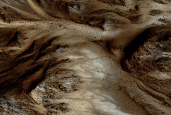"Marching Together": an unusual Gravity Wasting Phenomenon on the Slopes of Mojave Crater (Natural Colors; credits: Dr M. Faccin - Lunexit Team)
...Curiosissima la "discesa in doppia-coppia, con divisione a mezza corsa" di questi boulders i quali, probabilmente a seguito di un fenomeno di Gravity Wasting o - chissà... - forse perchè scossi da un lieve sisma o da vibrazioni del suolo susseguenti ad un impatto occorso non troppo lontano, hanno (riteniamo contemporaneamente, vista la tessitura delle tracce lasciate al suolo) iniziato a rotolare e quindi, dopo essersi "divisi", una coppia di macigni - quella, riteniamo, formata dai due boulders più grossi e pesanti - ha proseguito nella direzione originaria, mentre un'altra coppia - costituita da due macigni più leggeri e/o meno compatti - ha curiosamente e repentinamente "deviato", disegnando e consegnando alla Storia Geologica di Marte - nonchè alle telecamere della Sonda MRO ed ai nostri occhi -, una FANTASTICA "Coppia di Archi di Parabola"!

Certo, se poi qualcuno volesse fantasticare pensando ad "evidenze di attività superficiale non naturale", può farlo. Ma noi, in questo caso, ne dubitiamo fortemente...

(NOTA: una "dritta" per i più Curiosi. Se volete, andate a guardare le "Boulder Tracks" lasciate su un leggero pendìo situato all'interno del Cratere Lunare "Vitello" - ed usate da molti per ipotizzare lo svolgimento di attività aliene sul nostro Satellite Naturale - e...sbalordite: le tracce del boulder Lunare del Cratere Vitello sono PRATICAMENTE identiche a queste!...)
Parole chiave: Mars from orbit - Craters - Mojave Crater - Gravity Wasting Phenomenon