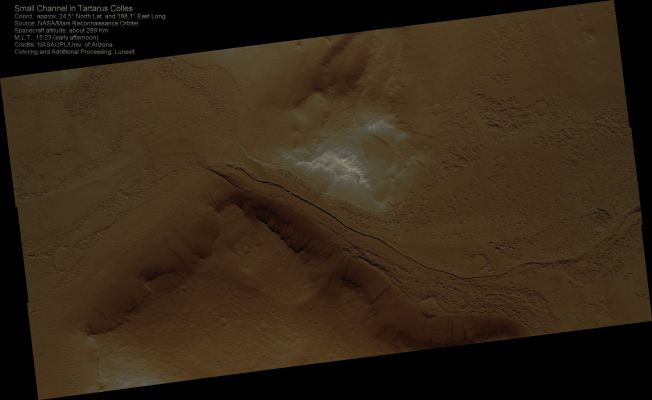 Small Channel in Tartarus Colles (CTX Frame - Natural Colors; credits: Lunexit)
This observation shows a thin channel between knobs in the Northern Hemisphere. These knobs are part of a local group of knobs called the "Tartarus Colles". 

Both knobs visible in this image have dark slope streaks. It was originally thought that slope streaks might be locations of surface water wetting and darkening soil, but it is now commonly believed that slope streaks are mini-avalanches of dust. Slope streaks fade over time as wind erosion blends them in with their surroundings.
Parole chiave: Mars from orbit - Channel - Tartarus Fossae