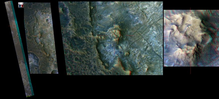 Layered Terrain Near Mawrth Valles Phyllosilicates (High-Def-3D - false colors; credits: DR M. Faccin)
...Un'incredibile ricostruzione in High-Def-3D (realizzata dal Dr Faccin) di uno dei paesaggi più intriganti e suggestivi di Marte: Mawrth Vallis.
Indossate gli occhialini e poi guardate: Vi sembrerà di "volare" su Marte, a 284 Km di quota, aggrappati al nostro "Amico" Mars Reconnaisance Orbiter!

Mars Local Time: 15:27 (early afternoon)
Coord. (centered): 22,8° North Lat. and 341,7° East Long.
Spacecraft altitude: 284,1 Km (such as about 177,6 miles) 
Original image scale range: 28,4 cm/pixel (with 1 x 1 binning) so objects ~85 cm across are resolved 
Map projected scale: 25 cm/pixel
Map projection: EQUIRECTANGULAR 
Emission Angle: 1,3° 
Phase Angle: 47,6°
Solar Incidence Angle: 49° (meaning that the Sun is about 41° above the Local Horizon)
Solar Longitude: 136,9° (Northern Summer)
Credits: NASA/JPL/University of Arizona
Additional process.: Dr Marco Faccin
Parole chiave: Mars from orbit - Mawrth Vallis