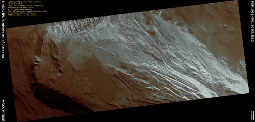 Light Layered Deposits in Valles Marineris Region (CTX Frame - Natural Colors; credits: Lunexit)
This image shows bright Layered Deposits near the junction of Coprates Chasma and Melas Chasma, both part of the Valles Marineris Canyon System. 

The Outcrop visible in this frame is found in a wide Alcove located in the Northern Wall and it forms a broad mound which is several kilometers wide; dark, wind-blown materials cover it in places. 
Similar light-toned rock occurs in many places of the Valles Marineris.

An important question is when these materials formed: were they deposited within the Troughs after they opened and then eroded, or are they remnants of the Wall Rock? 
Analysis of the orientation of the layers using HiRISE images may help scientists answer this question.
There are no fresh Impact Craters preserved on the Outcrop Surface, suggesting that the Layered Deposits are being eroded rapidly enough to erase the Craters. 

In many places, the light rocks have regular fractures called "Joints". Joints are common in Earthly rocks and HiRISE images show them in many places on Mars as well. 
These Joints can provide information about the forces that affected - in time - the rocks of this area, and therefore they could also help us to (at least partially) unravel the Geologic History of Mars in general and this Outcrop in particular.
Parole chiave: Mars from orbit - Layered Deposits