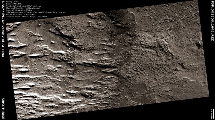 Eroding Layers in an Unnamed Southern Crater (CTX Frame - Natural Colors; credits: Dr Paolo C. Fienga - Lunexit Team)
This image shows a stack of Rocky Layers on the Floor of an Unnamed Impact Crater, roughly 30 Km across. Many of the layers appear to be extremely thin, and barely resolved. 
In broad view, it is clear that the deposit is eroding into a series of Ridges, likely due to the wind. 
Below the Ridges, additional dark-toned Layered Deposits crop out. These exhibit a variety of textures, some of which may be due to transport of material. 
The light Ridges are often capped by thin Dark Layers, and similar Layers are exposed on the Flanks of the Ridges. These Layers are likely harder than the rest of the material, and so armor the surface against erosion. They are shedding boulders which roll down the slope, as shown in the following EDM. 
Although these Cap Layers are relatively resistant, the boulders do not seem to accumulate at the base of the slope, so it is likely that they also disintegrate relatively quickly. 
Parole chiave: Mars from orbit - Layers