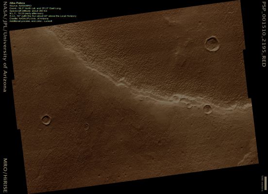 Alba Patera (Natural Colors; credits: Lunexit)
This HiRISE image shows a small portion of the Rim of the Caldera at the top of the Volcano Alba Patera. This Volcano has shallower slopes than most of the other large Volcanoes on Mars. Unfortunately, this image is not able to help us understand what is unique about Alba Patera because of the thick Dust Cover that covers almost every surface detail but, instead, it shows that the Dust has been carved into streamlined shapes by the wind, cut by small Landslides. 
Interestingly, there are some isolated patches that appear smooth and undisturbed by the wind.
Parole chiave: Mars from orbit - Volcanic Features - Alba Patera