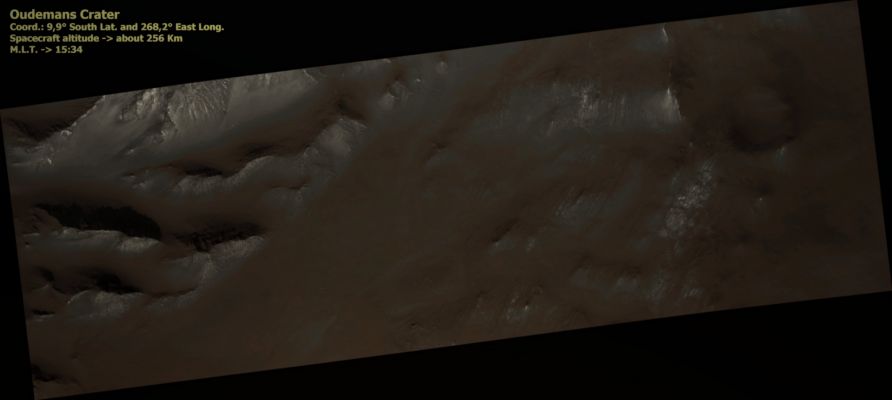 The "Central Uplift" of Oudemans Crater (CTX Frame - possible Natural Colors; credits: Lunexit)
Based on estimates of the depth of excavation for a crater the size of Oudemans, these Layers originated from just as deep as those exposed in Valles Marineris and possibly deeper. 
A comparison of the Layers in Valles Marineris and in the Oudemans Central Uplift may prove that they are similar rock types that share the same mode of origin. The fact that these Layers are so well intact gives planetary scientists specific clues regarding the Subsurface and history of the general area. 

Additionly, three other craters, Martin (21,2° S and 290,7° E), Mazamba (27,3° S and 290,2° E) and a yet unnamed crater (28,4° S and 305° E) also possess finely Layered Materials in their Central Uplift features and lie within the circum-Tharsis Region. 

The preservation of the layering and geographical occurrence of these 4 craters suggests that they could be ash layers deposited from numerous episodes from the Tharsis Volcanoes. 
Voluminous volcanic episodes could have produced large volumes of Layered Rock that could have been rapidly buried and protected from cratering.
Parole chiave: Mars from orbit - Craters - Oudemans Crater