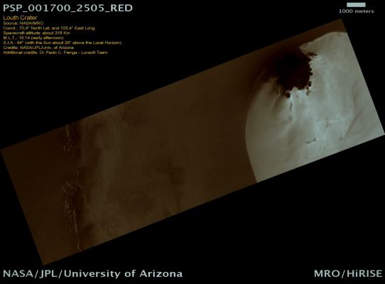 The "Frozen pseudo-Lake" of Vastitas Borealis (CTX Frame - Natural Colors; credits: Dr Paolo C. Fienga - Lunexit Team)
The right side (Dx) of this observation shows a portion of a "Frost Patch" on a mound inside a Northern Hemisphere Crater. This is the same frosted mound shown in this image. The Frost Patch has remained largely stable at least since the Viking era (late 1970s). 
The bright frost region is bounded by a Dunefield on the N/E. Several sizes of Dunes are visible. The size classes probably represent generations of dunes that formed under a variety of dominant wind conditions. 
The EDM shows the Dunes and Frost Boundary up-close. The Frost is largely absent over the Dunes and is more stable over the ground that does not have dune-shaped landforms.

Note Lunexit: il Cratere, che la NASA stessa si affrettò a battezzare "Louth" (nonostante fosse ancora pending l'approvazione del nome da parte dell'International Astronomical Union (IAU) - un'Entità tanto enorme e pesante quanto, nei fatti, inutile...), è tornato ad essere un Cratere senza Nome dell'Emisfero Nord. 
Il "presunto" Lago ghiacciato è diventato un "Frost Patch" (lett.: una "chiazza di brina") e le sue caratterizzazioni - ed implicazioni, come a suo tempo espresse dall'ESA - sono...sparite! Nelle pagine NASA (ed ESA, recenti) non vi è traccia di investigazioni o analisi più approfondite su questo - comunque intrigante - Rilievo Superficiale. Nulla.
Il possibile Laghetto del Cratere Louth, Regione di Vastitas Borealis - Marte -, di fatto non solo non esiste (e su questo potremmo anche essere d'accordo, sebbene a malincuore), ma non è MAI esistito (e su questo modo di pensare e di agire, invece, NON SIAMO ASSOLUTAMENTE D'ACCORDO: perchè è scorretto, intrinsecamente contraddittorio, nonchè scientificamente e logicamente viziato).

Curioso, quindi, (e "curioso" è un puro eufemismo) il modo in cui tutta questa storia è stata (mal)trattata dalle "Potenze Spaziali"... Veramente curioso.
Parole chiave: Mars from orbit - Vastitas Borealis Region
