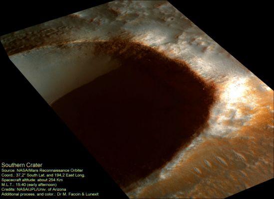 Southern Crater (side-view; credits: Dr M. Faccin)
nessun commento
Parole chiave: Mars from orbit - Craters - Unnamed Southern Crater