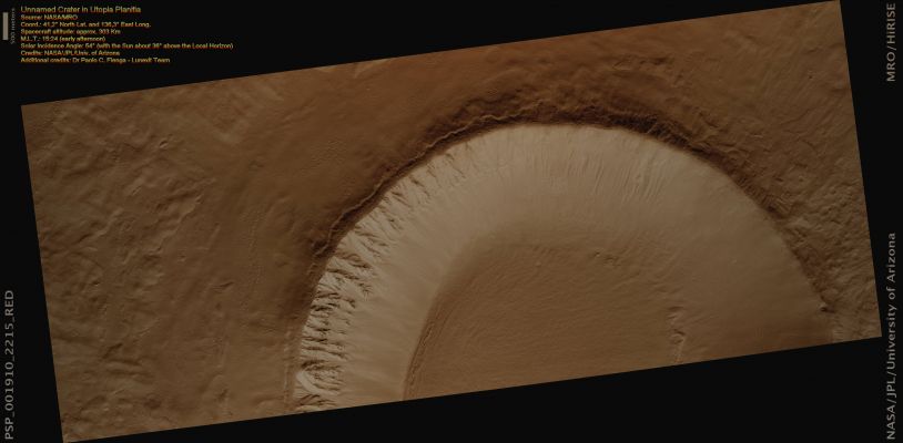 Unnamed Crater in Utopia Planitia (Natural Colors; credits for the additional process. and color.: Dr Paolo C. Fienga - Lunexit Team)
This observation shows an Unnamed Impact Crater located in Utopia Planitia; this Crater is more than 10 Km (6,25 miles) in diameter and approx. 700 meters (765 yards) deep. Different features in and around this Crater may indicate the presence of fluid beneath the Surface.
Linear features radiating outward from the Crater's Rim are evident. Closer examination shows these features are formed by rocks and finer soils that are located along a straight line; technically, they are "Spokes" produced immediately after the impact by very fast outward-moving materials ejected from the contact-zone. Because these Ejecta came from deep under the Crater, their composition will tell us what type of rocks are under the Surface.

A MOC context image of this Crater shows its Ejecta Materials form an elevated "Pedestal," shaped like a pancake. The Pedestal is approx. 20 Km (about 12,5 miles) in diameter. "Pedestal craters" such as this may have formed because ice beneath the Surface melted when the impact occurred.
Parole chiave: Mars from orbit - Craters - Unnamed Crater with Spokes, Creeps and Channels - Utopia Planitia