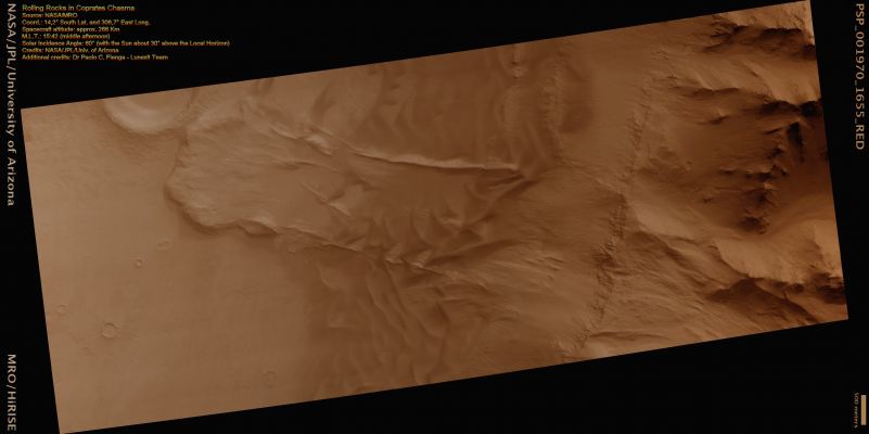 Landslide in Coprates Chasma (Natural Colors; credits for the additional process. and color.: Dr Paolo C. Fienga - Lunexit Team)
This observation shows a Landslide in the Coprates Chasma Region of Valles Marineris that occurred when a large unstable area of rock broke away from the Cliffs that can be seen on the right side of the frame. This mass of falling rock broke into many small pieces as it slid downhill and came to rest at the base of the Cliff, forming the Lobate (curved) Mound visible on the left part of the image. 

The smooth textured Ripples that can be seen in the central part of the frame are Sand Dunes. Sand Dunes form as wind-blown particles roll across the Surface and accumulate. Since the air on Mars is very thin, Sand Dunes take much longer to form on Mars than they do on Earth. 
The presence of large Sand Dunes - along with many small Impact Craters - on top of this Landslide indicates that movement of the slide occurred a very long time ago; perhaps hundreds of millions of years. 

This Landslide was probably caused by a strong Marsquake, but a nearby (significant) impact could have generated a deep shock-wave that was sufficiently strong to cause it. Alternatively, movement along nearby Faults may have triggered the Landslide. 

The Valles Marineris Region is cut by many Faults and in fact contains many more Landslides such as this one. Some scientists believe that these Landslides represent a record of seismic activity in this area. 

It is obvious that a better understanding of the history of seismic activity in this specific Region may help scientists to predict the likelihood that Marsquakes still occur on the Planet.
Parole chiave: Mars from orbit - Landslides - Coprates Chasma