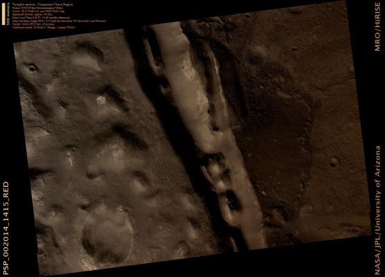 Trough in Gorgonum Fossae (Absolute Natural Colors; credits for the additional process. and color.: Dr Paolo C. Fienga - Lunexit Team)
PSP_002014_1415 shows Gullies in a Trough that is near Gorgonum Chaos, a Region filled with Gullies. 

The Trough Gullies, like many of the Gullies on nearby Gorgonum Chaos' Mesas, appear to originate at a distinct Layer. There are Mounds within the Trough that have Layers exposed near their Peaks. The Layers in the Mound and on the Trough Walls are resistant, meaning they do not break up mostly into small particles that the wind can easily carry away. 
Instead, they are breaking up into Boulders up to several meters wide that HiRISE can see (the fact that the Layers are eroding as boulders tells us that the material is not easily broken up into smaller and smaller pieces, so it is therefore termed "resistant to erosion").
However, it is not completely resistant to erosion as we can see by the Boulders rolling down the Slopes.

Gullies are thought by many to require liquid water to form and a major debate is whether this water comes from the surface (i.e., melting surface ice or melting snow) or the subsurface (i.e., from an aquifer). 
Gullies are often found to originate at layers, like those seen here. 
The subsurface water theory states that water travels under the surface to slope faces where it flows down the slope to form gullies. Visible layers are suggested to be impermeable, such that water cannot penetrate them, which is why the gullies originate from beneath the layers.
Often Gullies will originate between Layers, which suggests that there is a permeable Layer trapped between impermeable Layers. 
It is also possible that the Layer preferentially traps ice or snow that may melt to form Gullies, thus providing a surface source of water to form the Gullies.

Please note that the stripe-like features on the lower side of the image are camera artifacts and not real features.
Parole chiave: Mars from orbit - Trough - Gorgonum Fossae Region