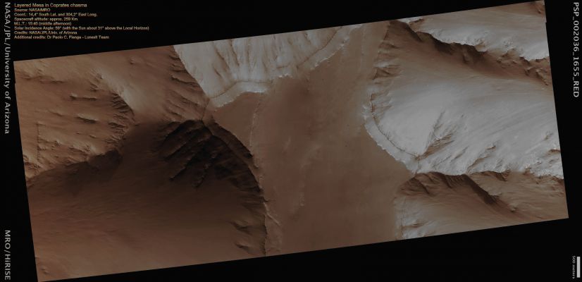 Mesa in Coprates Chasma (Natural Colors; credits for the additional process. and color.: Dr Paolo C. Fienga - Lunexit Team)
Mars Local Time: 15:40 (Middle Afternoon)
Coord. (centered): 14,4° South Lat. and 304,2° East Long.
Spacecraft altitude: 258,8 Km (such as about 161,7 miles) 
Original image scale range: 25,9 cm/pixel (with 1 x 1 binning) so objects ~ 51,8 cm across are resolved 
Map projected scale: 25 cm/pixel
Map projection: EQUIRECTANGULAR
Emission Angle: 2,3° 
Sun-Mars-Spacecraft (or "Phase") Angle: 61,4°
Solar Incidence Angle: 59° (meaning that the Sun is about 31° above the Local Horizon)
Solar Longitude: 160,0° (Northern Summer)
Credits: NASA/JPL/University of Arizona
Additional process. and coloring: Dr Paolo C. Fienga - Lunar Explorer Italia
Parole chiave: Mars from orbit - Chasmas - Coprates Chasma