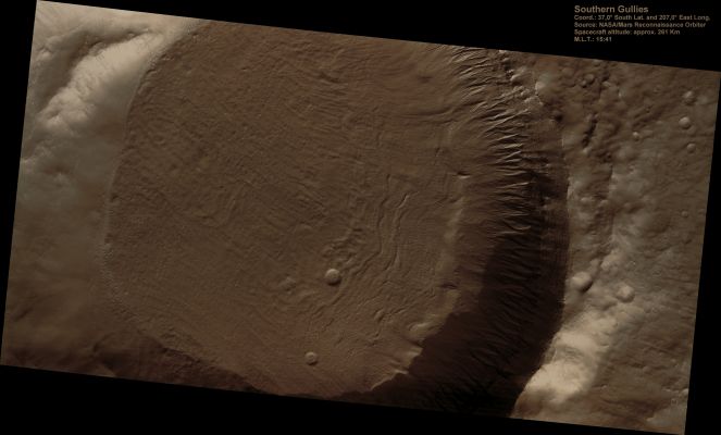 Gullies and Ice-rich Material (CTX Frame - Natural Colors; credits: Lunexit)
This picture shows Gullies in an Unnamed Southern Crater.

Gullies typically form when flowing water has sufficient energy to erode soil and soft rock in a channelized flow. 
The Gullies in this image have narrow, overlapping channels and are deeply incised into the slope. Overlapping channels may suggest multiple flow events on this slope wall. 

It is unknown what happened to the water that flowed in these Gullies. Some of the water may have evaporated or gradually sublimated into the Atmosphere or became incorporated as ice in the Gully Debris Aprons located downslope at their Termini.

Sublimation is a process similar to evaporation, except that solid ice (instead of liquid water) returns to the atmosphere as a gas. Sublimation is common on Mars because the temperature and pressure are so low on Mars today that liquid water is only rarely stable. 

Nota Lunexit: la NASA dice che "...liquid water on Mars is only RARELY stable...". Raramente, quindi, e NON "mai"! 
A questo punto ci piacerebbe davvero sapere quando ed a quali condizioni occorre questa "stabilità" (che, a nostro parere, potrebbe e dovrebbe occorrere ANCHE oggi)...
