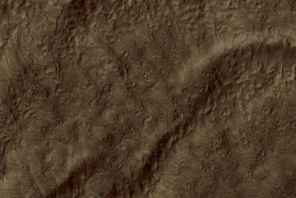 Gullies and Ice-rich Material (EDM - Natural Colors; credits: Lunexit)
In this EDM (approx. 500 mt across) we can notice that the crater floor is covered in boulders, dunes and textured material. 
The boulders are likely a “sublimation lag” that provides evidence that material on the crater floor is, or once was, ice-rich. A sublimation lag forms when ice-rich material sublimates leaving the boulders and rocks behind. It is possible that the boulders on this crater floor represent such a process. 
The pitted texture around boulders may also be an indicator of ice sublimation.
Parole chiave: Mars from orbit - Craters - Unnamed Crater