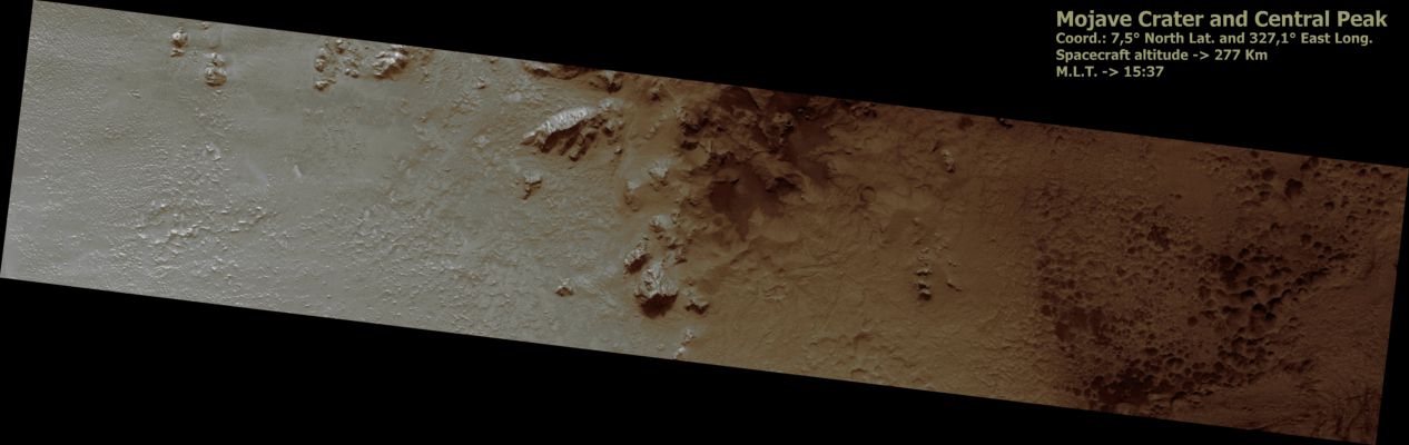 Mojave Crater Floor and Central Uplift (CTX Frame - Natural Colors; credits: Lunexit)
This full HiRISE image shows that the Crater Floor - South of the Central Uplift - is densely pitted and fractured. These Pits, many of which are partially filled with dark sand, lack raised rims and a circular form. 
This suggests that they are not impact craters. In fact, very few definite impact craters are seen on the Floor and Walls of Mojave, implying that it is incredibly young and relatively well preserved for a crater of its size.

HiRISE images covering Mojave Crater and the surrounding Region are yielding new insights into impact processes on Mars. 
