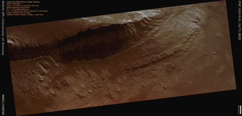 Layers and Dark Debris in Melas Chasma (CTX Frame - Natural Colors; credits for the additional process. and color.: Dr Paolo C. Fienga - Lunexit Team)
nessun commento
Parole chiave: Mars from orbit - Layers - Melas Chasma