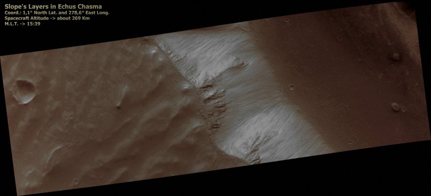 Slope Layers in Echus Chasma (Absolute Natural Colors; credits for the additional process. and color.: Dr Paolo C. Fienga - Lunexit Team:)
nessun commento
Parole chiave: Mars from orbit - Echus Chasma Region