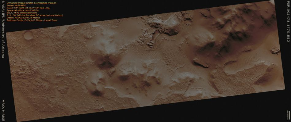 Eroding Crater Fill (CTX Frame - Natural Colors; credits for the additional process. and color.: Dr Paolo C. Fienga - Lunexit Team) 
This image shows the edge of a Mound (----> terrapieno) of sediments in the center of a large Impact Crater near Amenthes Planum. 

The Mound probably once filled much more of the Crater, but it is now eroding away. A broad view shows several small plateaus which have likely been preserved by a relatively resistant cap layer, while other levels are exposed elsewhere.
Parole chiave: Mars from orbit - Craters - Unnamed Crater with Layered Mound