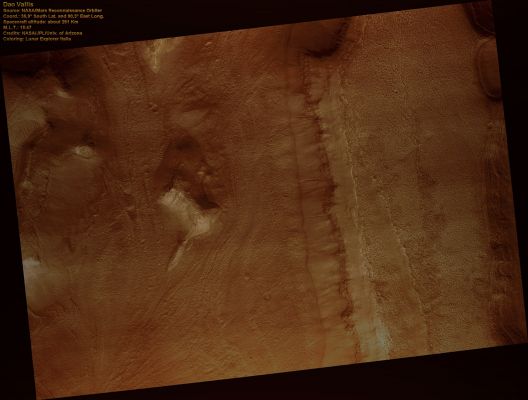 Juncture of Two Branches of Dao Vallis (ctx frame - possible True Colors; credits: Lunar Explorer Italia)
Martian outflow channels are believed to be some of the largest features formed from the catastrophic flooding that scoured the landscape during ancient times. The source of the water likely originated in the subsurface and was somehow disturbed, depressurizing an aquifer, causing a sudden burst of water onto the surface. 
This image shows multiple branches of the outflow channel Dao Vallis, which flows towards the West (down), ending near Hellas Basin. Although it is not clear exactly where the water that created these floods ended up, it is possible that Dao Vallis and its neighboring outflow channel, Niger Vallis, deposited water in Hellas Basin and formed a short-lived lake. Within the floor of Dao Vallis is material that appears striped, known as "lineated valley fill". 
Valley fill material is thought to be ice-rich material that has flowed or been deposited onto the floor. Several lineations or "flow lines" appear to merge towards the upper left of the scene which supports this idea that the fill materials flowed, similar to slow-moving glacial material on Earth.

Also present in this scene is a mantling deposit which drapes much of the mid-latitudes of Mars. The deposit or "mantle" can be seen on south-facing slopes of positive-relief features, appearing as if its sliding off the walls. The mantle material is thought to be ice-cemented dust that was deposited during times when snowfall occurred on Mars.
Parole chiave: Mars from orbit - Dao Vallis Region