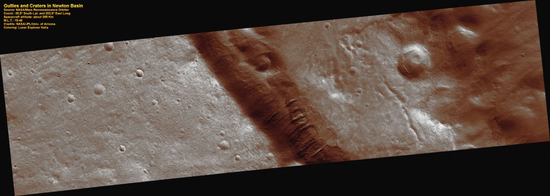 Gullies on the edge of Newton Basin (context image)
This image shows a portion of two impact craters on the floor of Newton Basin where a smaller crater formed within a earlier larger one. 
The larger crater's North rim can be seen diagonally (South-West/North-East) across the image and the smaller crater's north rim is near the right-side of the image.

Along the interior wall of the larger crater, several gullies have incised into the wall of the Crater. 
Parole chiave: Mars from orbit - Craters - Newton Basin