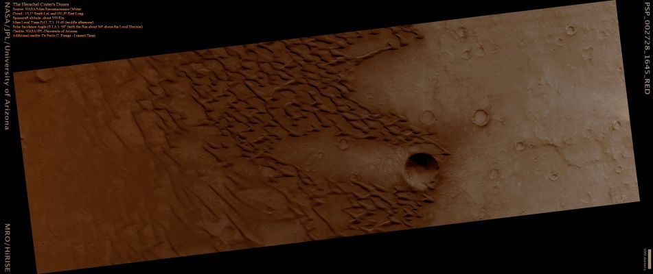 The Dunes of Herschel Crater (Saturated Natural Colors; credits for the additional process. and color.: Dr Paolo C. Fienga - Lunexit Team)
This image shows Dunes on the floor of Herschel Crater. The Steep Faces (a.k.a.: "Slip-Faces") of the Dunes are oriented downwind, in the direction of their motion. One feature of particular interest is the dune-free area downwind of the Crater towards the right side of the frame. Some sand has been trapped in the Crater, but the Crater prevents the Dunes from migrating directly downwind. Sand Dunes form naturally as a result of the transport of sand by the wind. 
The Dunes in this image are somewhat crescent-shaped, but are being extended and distorted downwind and merging with nearby Dunes; this complex behavior is common in Dunefields on Earth.

In the left side of the image the sand lies in sheets rather than well-defined Dunes. At high resolution, the Dunes' Surface are covered in small Ripples and Scallops, also shaped by the wind. 
Parole chiave: Mars from orbit - Craters - Herschel Crater