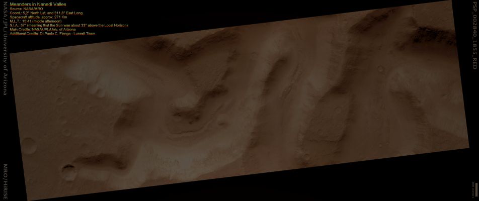 Meanders in Nanedi Valles (Natural Colors; credits for the additional process. and color.: Dr Paolo C. Fienga - Lunexit Team)
This observation shows a portion of Nanedi Valles, an equatorial Martian valley network. 

Valley networks are thought to have formed by groundwater sapping either in conjunction with an ice layer to cover the running water or during a past warmer, wetter climate regime on Mars. Glacial activity has also been proposed to form the valley networks.

Groundwater sapping is the leading theory because of the morphology of the valleys. They commonly have approximately constant width along their reaches, as seen here, as well as theater shaped heads, as seen in the tributary valley in the bottom right of the scene. The meandering nature of valleys suggests persistent or repeated flow as required to form meanders in streams on Earth. 

The subimage shows a potential remnant channel seen on the floor of Nanedi Valles just below the center of the image. If this is a remnant channel, it suggests that there was either repeated or waning flows in this valley. Winding dunes and abundant impact craters are found throughout the valley, as well as within this putative channel. 

Dunes are thought to be transient features on Mars, although no movement has been detected to date. It is interesting to note that some of the dunes are superposed by craters indicating that the dunes were stable long enough for craters to form and not be erased. 

It is possible that the craters on top of the dunes are secondary craters that formed as a product of a larger impact. Secondary craters from a single impact are clustered in space and form almost simultaneously, implying that the dunes were stable for a time period—long enough for a single crater, rather than multiple craters, to form.

Parole chiave: Mars from orbit - Meanders - Nanedi Valles