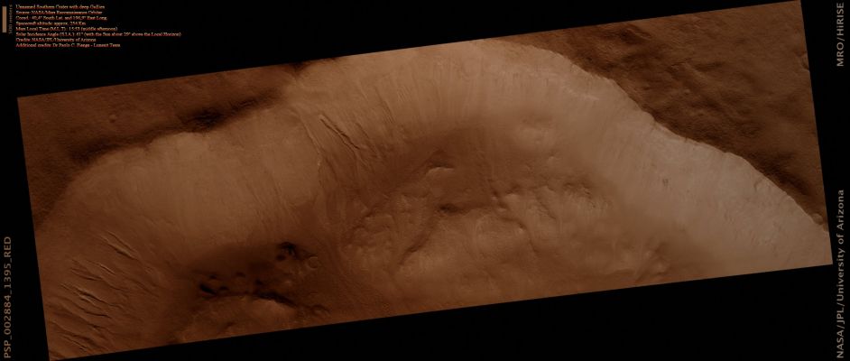 Unnamed Southern Crater with deep Gullies (CTX Frame - Absolute Natural Colors; credits for the additional process. and color.: Dr Paolo C. Fienga - Lunexit Team)
This observation shows gullies in a Southern HemisphereUnnamed Crater whose Floor has large Mounds of material that are likely "Slump Blocks" that fell off the Crater Walls during a late stage of formation (---> this is a Gravity Wasting Event). There are also a large number of Dunes of different sizes and facing different directions on the Crater Floor. 

A lot of Polygonal Fractures can also be seen on the Walls, inside the Gullies (see the following EDM). In addition, some of the Gullies facing the East were active more recently. They do not have Polygonal Fractures or they have fractures that are less well-developed. 
A narrow, primarily unmodified Channel is also visible.

It is unknown over what period of time Gullies formed in individual settings and globally. It is possible that Gully formation continues today.
Parole chiave: Mars from orbit - Craters - Unnamed Crater with Gullies