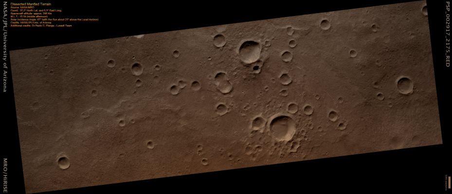 Dissected Mantled Terrain (CTX Frame - Natural Colors; credits: Dr Paolo C. Fienga - Lunexit Team) 
A Northern Mid-Latitude scene consisting of Craters, Intercrater Plains and Mantled Material is visible in this HiRISE image. 
The Mantled Material seen here covers much of the Middle Latitudes in both Hemispheres of Mars and it has been visibly removed in some locations. 
This Terrain is called "Mantled" because it looks as if it's just draped over (meaning that it is "mantling") the topography underneath it.
The Mantled Material is what causes the Craters to have a muted, softened appearance. It's thought to be ice-rich material deposited in a climate different from that of today. 

The Mantled Unit is dissected here, meaning that is not pristine and has likely undergone modification since it was originally laid down. The Intercrater Plains have a pitted texture that it is thought to be caused by water ice sublimating and leaving depressions behind.

Unlike that of Earth, the Obliquity (such as "tilt" of the Red Planet's Rotation Axis) of Mars changes wildly. Earth has the Moon to keep its Axis stable, but Mars' satellites, Phobos and Deimos, are not massive enough to do the same.
Today Mars' Obliquity (25,19°) is similar to that of Earth's (23.45°), but this has not always been the case. As the Obliquity changes, the portions of Mars that receive the most sunlight shift. During periods of high Obliquity, Polar Regions receive the most sunlight. 
This causes Polar Ices, including water ice and CO2 ice, to sublimate into the Atmosphere. They would then potentially be re-deposited in the Mid-Latitudes, similar to where this image is located. 

It is believed that this process is responsible for the existence of the Mid-Latitude Mantled Units.
Parole chiave: Mars from orbit - Mantled Terrain
