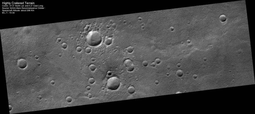 Crater Cluster in the Northern (Mid-Latitude) Plains
A Northern Mid-Latitude scene consisting of craters, intercrater plains and mantled material is seen in PSP_002917_2175. The mantled material seen here covers much of the Middle Latitudes in both Hemispheres of Mars; it has been visibly removed in some locations. It's called "mantled" because it looks as if it's just draped over, or mantling, the topography underneath. The mantled material is what causes the craters to have a muted, softened appearance. It's thought to be ice-rich material deposited in a climate different from that of today. 
The mantled unit is dissected here, meaning that is not pristine and has likely undergone modification since it was originally laid down. The intercrater plains have a pitted texture that is thought to be caused by water ice sublimating and leaving depressions behind.
Unlike that of Earth, the obliquity (tilt of the planet's rotation axis) of Mars changes wildly. 
Earth has the Moon to keep its axis stable, but Mars' satellites, Phobos and Deimos, are not massive enough to do the same.

Today Mars' obliquity (25.19°) is similar to that of Earth's (23.45°), but this has not always been the case. As the obliquity changes, the portions of Mars that receive the most sunlight shift. During periods of high obliquity, polar regions receive the most sunlight. This causes polar ices, including water ice and carbon dioxide ice, to sublimate (evaporate) into the atmosphere. They would then potentially be re-deposited in the mid-latitudes, similar to where this image is located. It is believed that this process is responsible for the mid-latitude mantled unit. 

Parole chiave: Mars from orbit - Mid-Northern Latitudes - Crater Cluster