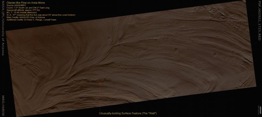 Glacier-like Flow on Arsia Mons (CTX frame - Natural Colors; credits for the additional process. and color.: Dr Paolo C. Fienga - Lunexit Team)
This observation shows a "Glacier-like Flow" in a Depression located on the flanks of Arsia Mons. 
Arsia Mons is one of the large Martian Volcanoes that sits near the Equator on the Tharsis Rise. Downslope is towards the upper right of CTX frame, and the Flow is in this direction. It is interesting to note that the Depression is not directly radial from the Volcano's Peak, but rather oriented approximately 45° away, along the Flanks of the Volcano.

The pitted texture of the material suggests that sublimation is occurring or has occurred. The Surface Temperature and Pressure on Mars are such that water in ice-rich material can easily sublimate leaving behind a depression where the volatiles were removed.
Parole chiave: Mars from orbit - Volcanoes - Arsia Mons