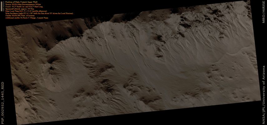 Section of the Outer Rim of Hale Crater (CTX Frame - Absolute Natural Colors; credits for the additional process. and color.: Dr Paolo C. Fienga - Lunexit Team)
This observation shows Hale Crater, a rather large, pristine elliptical crater approximately 125 x 150 Km in diameter. Hale Crater possesses sharp features, impact melt bodies ponded through out the structure and few overprinting Impact Craters. These attributes indicate that it is relatively young and certainly well-preserved - likely the youngest crater of this size on Mars.

Present on the Crater Walls are a large number of Gullies, some with Light-Toned Deposits. The Gullies visible here are very well developed, and many are cut deeply into the Hale's Walls. Several have "Braided Channels" suggestive of repeated flow. Some of the Gullies have Boulders littered throughout their Channels. This could be a result of a fluid preferentially transporting smaller particles and leaving larger rubble behind. 
The composition of the Light-Toned Deposits are currently unknown. The CRISM Visible-InfraRed Spectrometer, HiRISE's sister instrument on MRO, may be able to shed some light on the composition of these materials.

In one place along the Crater Rim, Gullies are visible on both sides of the Rim (see the EDM that follows). This has only been seen in a few locations on Mars.
Parole chiave: Mars from orbit - Craters - Hale Crater
