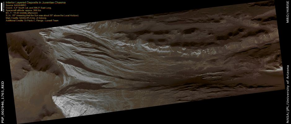 Interior Layered Deposits (ILD) in Juventae Chasma (CTX Frame - Natural Colors; credits for the additonal process. and color.: Dr Paolo C. Fienga - Lunexit Team)
This observation shows a portion of some Interior Layered Deposits (ILD) in Juventae Chasma.

Juventae Chasma is a large depression near the Equatorial Canyon System known as Valles Marineris. The scene is along the top of a Mound of Layered Deposits on the Floor of Juventae Chasma. 
Dunes are seen in the low-lying, darker regions. Very fine Layers are also visible. Understanding what kinds of materials formed the Layers, how they were set in place, and how they have evolved will provide insight into Martian Geologic History.
Many of the Martian Chasmata (----> plural of Chasma) contain ILD like these. The ILD were deposited a long time ago, but the actual method is unknown. It has been suggested that sedimentary layers in standing bodies of water or volcanic ash deposits comprise the ILD. The alternating layers could indicate regular, repeating cycles of deposition. It is also possible that these layers once covered the entire chasma floor. 

The IDL shown here have been modified by wind erosion. 
The Yardangs visible near the top right of the full image are evidence for wind sculpting of the Deposits. It is interesting to note that there are very few craters in this scene, especially in the areas with visible Layers. 
One crater can be found about half-way down the left side of the image amidst Layers and several craters are seen in the dark material on the right side of the image. This suggests that the ILD are eroding here fast enough to erase small craters before large numbers of them can accumulate.
Parole chiave: Mars from orbit - Interior Layered Deposits (ILD) - Juventae Chasma Region