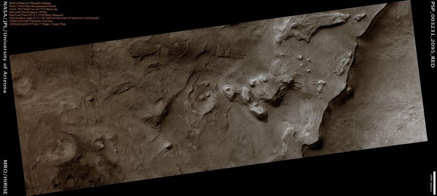 Rocky Mesas in Nilosyrtis Mensae (CTX Frame - Absolute Natural Colors; credits for the additional process. and color.: Dr Paolo C. Fienga - Lunexit Team)
Parole chiave: Mars from orbit - Mesas - Nilosyrtis Mensae Region