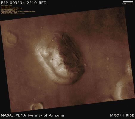 Do You Remember Me? (Absolute Natural Colors; credits for the additional process. and color.: Dr Paolo C. Fienga - Lunexit Team)
Caption NASA:"HiRISE captured this image (in 2007) of an eroded mesa made famous by its similarity to a human face in a Viking Orbiter image with much lower spatial resolution and a different lighting geometry. 
Compared to the original Viking image (dated 1976), HiRISE shows incredible detail, even from about 300 Km above the surface".

Nota Lunexit: una domanda che rivolgiamo, simpaticamente ed ironicamente, al Prof. Richard Hoagland ed ai suoi accoliti: ma la "Faccia" di Marte - e cioè "l'Evidenza Finale - parole di Hoagland - di una pregressa Civiltà Marziana", dov'è andata a finire???...
Parole chiave: Mars from orbit - Cydonia Mensae