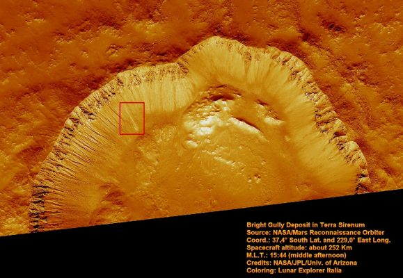 Bright Gully Deposit in Terra Sirenum (the "crater" - close-up; false colors)
As seen in the context image and here, the appearance of the crater wall differs between the Northern and Southern Sides. On the Northern Pole-Facing Side Walls, prominent gullies with channels and aprons are apparent, with many of these having valley-like alcoves near their tops. The morphology of the gullies is consistent with formation by a fluid, most likely water. 
On the pole-facing slopes, ground ice or aquifers may be more stable, being subjected to less heating from sunlight compared to equator-facing slopes. 
In contrast, the Southern, Equator-Facing Walls are dominated by rocky debris flows that lack prominent channels.
Parole chiave: Mars from orbit - Craters - unnamed crater with bright gullies in Terra Sirenum