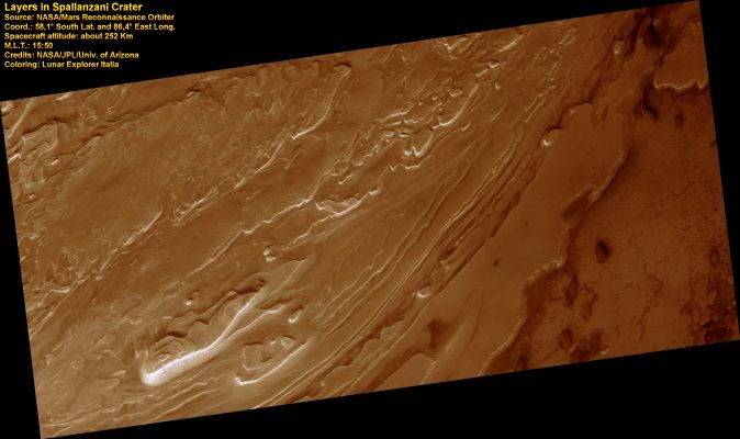 Layers in Spallanzani Crater (context image)
This image shows light-toned layered deposits along the floor of Spallanzani crater, a 72 Km (about 45 mile) diameter crater located just South-East of Hellas Planitia.
These layered deposits may be remnant sediments once deposited within the crater. Mechanisms for sediment deposition include windblown debris, airfall volcanic ash, or sediments that accumulated in a lake on the crater floor. 

The slopes are covered in debris, and not fallen plates or blocks from the plateau edge. 
This suggests that the layers are composed of weak materials that are protected by a stronger, more coherent surface.

The crater is named after the 18th Century Italian biologist, Lazzaro Spallanzani (1729-1799). 

Parole chiave: Mars from orbit - Craters - Spallanzani Crater