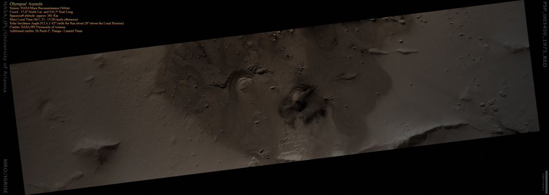 Olympus' Aureole (Absolute Natural Colors; credits for the additional process. and color.: Dr Paolo C. Fienga - Lunexit Team)
nessun commento
Parole chiave: Mars from orbit - Volcanoes - Olympus Mons