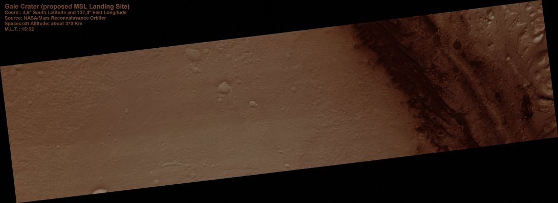 Possible MSL Landing Site inside Gale Crater (Absolute Natural Colors; credits for the additional process. and color.: Dr Paolo C. Fienga - Lunexit Team)
nessun commento
Parole chiave: Mars from orbit - Craters - Gale Crater