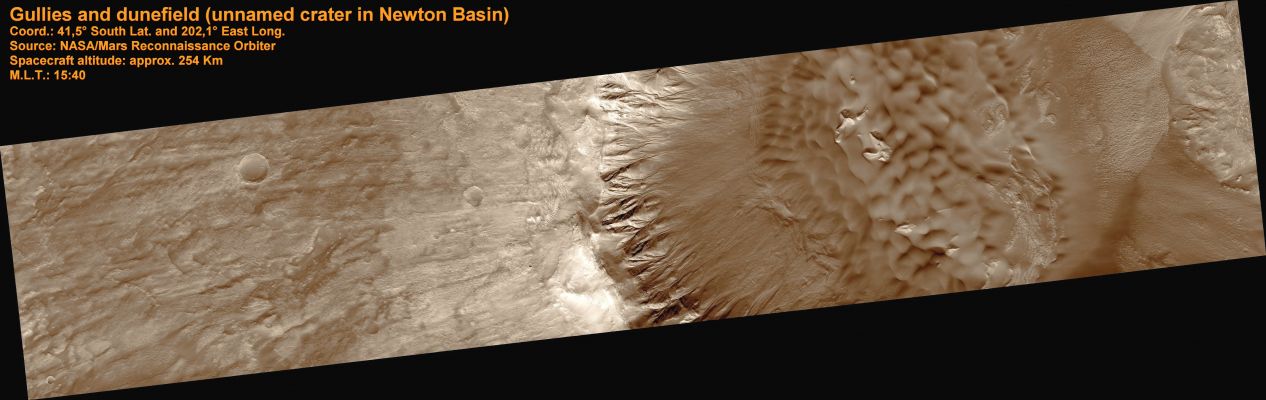 Gullies and Dunes in a Crater in Newton Basin (context image)
This frame shows gullies associated with distinct layers located at multiple elevations along one crater wall as well as multiple generations of dunes that are eroding or covering a more coherent rock structure. The gullies in this crater appear to originate at the layers that cover a large extent of the slope. Gullies can be seen emanating from layers in two distinct sets, each at a different elevation. Gullies are often, but not always, form near layers. 

Many of the gullies seen here have sinuous, or wavy, channels. 
The bends are called meanders and, on Earth, meanders form in streams that have sustained and/or repeated flow. Not all of the gullies seen in this image extend the same distance downslope. This could result from differences in water supply, sediment supply, slope angle, and time of formation, among other factors.
Dunes are also visible in this image; they indicate the prevailing wind direction. 

What is particularly interesting about this dune field is that there is exposed rock in the middle of it. This rock is either being exposed as the wind moves the dunes away from it or it is being covered. The dunes appear to outline the shape of the rock, which suggests that the rock has been uncovered long enough for dunes to form around it. 

As the dunes shift over time, they will probably expose more of the underlying rock.
Parole chiave: Mars from orbit - Gullies and dune-field