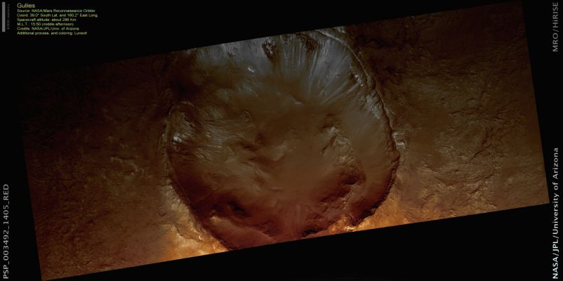 Unnamed Southern Mid-Latitude Crater with "unusually bright" Gullies (MULTISPECTRUM; credits: Lunexit)
This image shows a Southern Mid-Latitude (unnamed) crater: it has bright landslides on its South-East and West walls, some of which have noticeable boulder tracks where boulders rolled down the slopes.

The most noticeable features of this crater are the gullies on the North wall. A couple of small gullies appear to emanate from an overhang. 
The others originate at or near layers up-slope. 
The layers are sturdy and resistant from erosion: the layers that appear to be decaying into resolvable boulders, instead of particles easily moved by the wind, are evidence of this.
Parole chiave: Mars from orbit - Craters - Unnamed Crater with Gullies