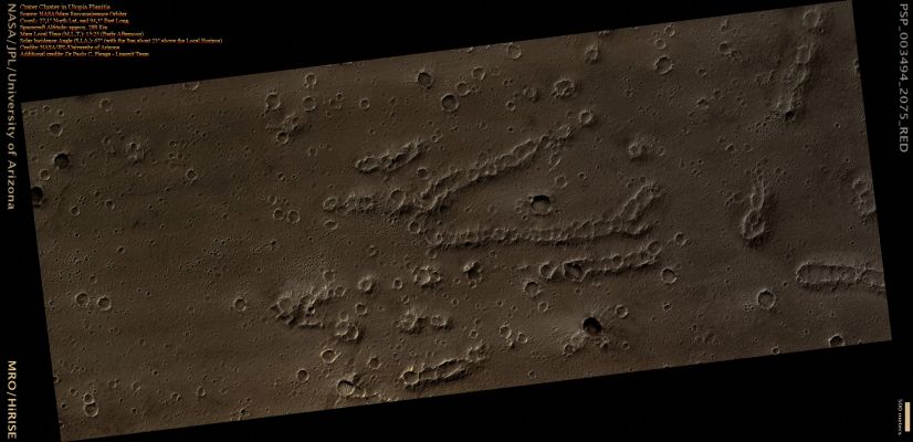 Crater Cluster with Cones and Ridges in Utopia Planitia (Natural Colors; credits for the additional process. and color.: Dr Paolo C. Fienga - Lunexit Team)
This image shows Cratered Cones in Utopia Planitia. Cones with Summit Craters join together in places to form Ridges up to several kilometers long, with Troughs running along the Summit. 
In many of these cases it is evident that the Ridge Systems formed by merging of multiple Cones, since the arcs of individual Cones can be distinguished. 
These features are probably formed by eruption of Subsurface material-Mud or Lava. Lava can form Cinder or Spatter Cones, and eruptions from localized sources along a single Fissure could produce the Ridges. 
The absence of obvious (---> evidenti) Lava Flows near the Cones may argue against this mechanism, but ascending Lava could have interacted with Subsurface Water or Ice, leading to a more explosive eruption. 
An alternative is eruptions of pressurized Mud from depth ("Mud Volcanism"), a process which occurs in certain environments on Earth. 

This observation has a few minor gaps where transmission errors caused data to be lost. These appear as narrow black bars.
Parole chiave: Mars from orbit - Crater Cluster - Utopia Planitia