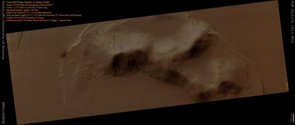 Colourful Slope-Streaks in Marte Vallis (Natural Colors; credits for the additional process. and color.: Dr Paolo C. Fienga - Lunexit Team)
This image of a large Hill in Marte Vallis has numerous dark- and light-toned Streaks along its Slopes, showing a variety of characteristics observed in other areas with these features. 
For example, several dark Streaks have formed "fingers" at their Termini (such as the point where where the Streaks end). 

Their formation may be due to the material "feeling" the roughness of the ground as it reaches shallower slopes near the base of the Hill. The dark Streaks also appear to travel over many obstacles along their paths, such as impact craters, small boulders, and rock outcrops. This indicates that the Slope Streaks have sufficient "momentum" and energy early in their descent downslope that they are not affected by such features or the ground. 
The Slope Streaks also do not start at a common elevation along the sides of the Hill, suggesting that they are not related to any particular layer(s) of material.

Dark Slope Streaks are thought to fade over time by deposition of a new bright Dust Layer over the old streaked Surface. The presence of light-toned Streaks relative to their surrounding darker-toned surface is particularly interesting. 

Scientists have wondered: if dark Streaks fade over time by deposits of new Dust, then how can there be light-toned streaks? Does this mean light-toned Streaks are formed differently? Are the materials of a light-toned Streak different from dark-toned Streaks? 

Slope Streaks have been discovered and studied since the early Mariner and Viking Missions to Mars in the '60s and '70s. Scientists are hoping to resolve some of these questions using HiRISE images with its high spatial resolution compared to these previous Mars datasets.
Parole chiave: Mars from orbit - Hills - Marte Vallis Region