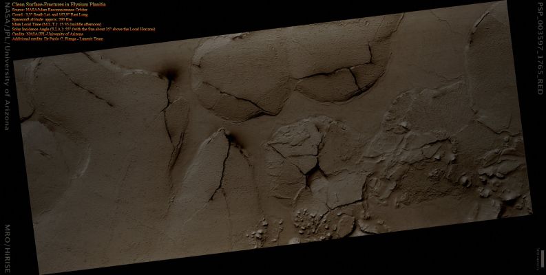 Possible Smoke Emissions in Elysium Planitia (Natural Colors; credits for the additional process. and color.: Dr Paolo C. Fienga - Lunexit Team)
Caption NASA:"This observation shows fractured Mounds on the Southern Edge of Elysium Planitia. The Mounds are typically a few Km in diameter and about 200 feet tall. The fractures that crisscross their Surfaces are dilational (extensional) in nature, suggesting that the Mounds formed by localized uplift (i.e., they were pushed up from below). 
The Mounds are probably composed of solidified Lava. They are contiguous with, and texturally similar to, the flood Lavas that blanket much of Elysium Planitia, and, where dilation cracks provide cross-sectional exposure, the uplifted material is rocky.

Patches of mechanically weak and disrupted material overlie the rocky mound material. This is particularly conspicuous in the Northeast corner of the HiRISE image. These patches may be remnants of a layer that was once more continuous but has been extensively eroded. Smooth Lava Plains fill the low-lying areas between the Mounds. They are riddled with sinuous pressure ridges. 
The entire area is covered by a relatively thin layer of Dust and Sand".

Nota Lunexit: l'elemento più suggestivo dell'intero frame, completamente tralasciato dal commento NASA "Ufficiale", attiene quelle che a noi sembrano delle (evidenti e, riteniamo, anche piuttosto recenti) "emissioni di fumi", ben visibili in corrispondenza di quasi tutti i maggiori punti di fratturazione. E' proprio il dato, confermato dalla NASA stessa, per cui l'intera area ripresa è coperta da un sottile strato di sabbia e polvere (la quale dovrebbe conferire un colore denso e, soprattutto, uniforme a tutto il paesaggio) che ci fa ritenere recenti (se non recentissime) le summenzionate zone più scure ("macchiate", di fatto) e, dunque, molto probabilmente interessate da eventuali e persistenti emissioni di fumi, vapori (sulfurei?) e ceneri vulcaniche.
Parole chiave: Mars from orbit - Elysium Planitia Region