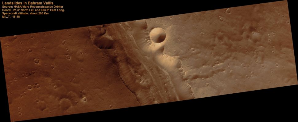 Landslides along the Walls of Bahram Vallis (Absolute Natural Colors; credits for the additional process. and color.: Dr Paolo C. Fienga - Lunexit Team)
Landslides are one of the most spectacular mass wasting features on Mars in terms of their areal extent and volume. Some of the best preserved landslides are in the Valles Marineris canyon system, but that's not the only place we see evidence for landslides.

This image of Bahram Vallis, a valley along the edges of the circum-Chyrse Basin, has large mounds of material at the base of the valley floor. These deposits of material are different from those deposits seen at Valles Marineris. They do not have a "ribbed" surface of transverse ridges. They also do not have a semi-circular distal margin giving it a lobate appearance and they have not travelled for many kilometers away from their source region like most Valles Marineris landslides do. 

These particular deposits have the characteristic shape of rotational landslides or slumps on Earth where material along the entire wall slumps down and piles debris at the base of the slope, much like a person who slumps down the back of a chair. Right at the cliff edge at the top of the slope, the shape of the area where the valley wall gave way to a landslide is not straight, but rather curved or semi-circular. This is typical of large landslides where the failure area has an arcuate "crown" shape. The fact that landslides have occurred here indicates that the valley walls are not stable and the materials respond to Martian gravity with mass movements. 

Scientists studying landslides can use these images along with topographic data to model how the wall failed, which can give clues to the nature of the materials (type, strength, etc.) in this region. Another consequence of landslide activity in Bahram Vallis is that the overall width of the valley will increase over time. 
Parole chiave: Mars from orbit - Landslides - Bahram Vallis