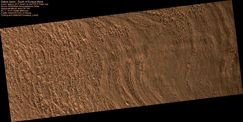 Debris Apron South of Euripus Mons (context image - possible natural colors; elab. Lunexit)
Euripus Mons is located to the east of Hellas impact basin in the southern mid-latitudes of Mars.

The overall wavy, curved surface pattern of this debris apron suggests that material flowed out from the isolated flat-top ridge. This mass movement of debris probably involved ice flow (possibly forming rock glaciers) and potentially liquid water.
Parole chiave: Mars from orbit - Euripus Mons